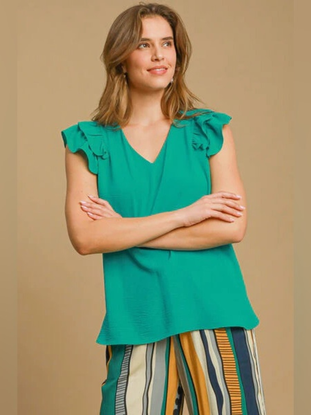 Umgee-Women's Ruffle Sleeve V-Neck Top - Teal
